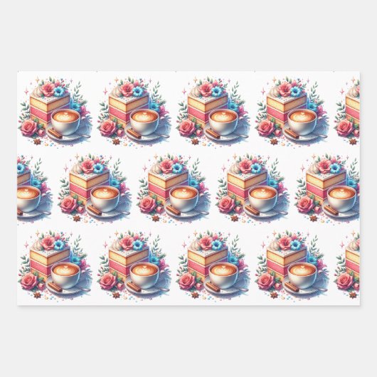 Bloemen Verjaardagstaart, Koffie en Bloemen Inpakpapier Vel (Voorkant)