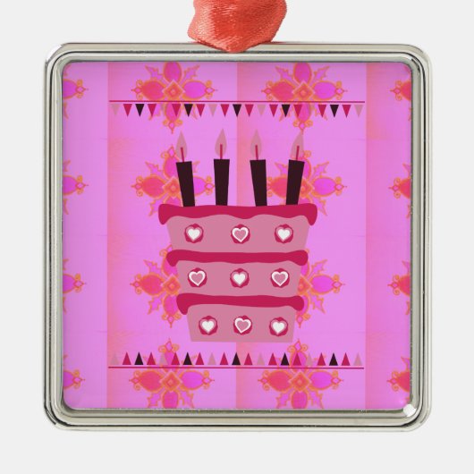 Bloemen verjaardagstaart voor haar / meisjes Art P Metalen Ornament (Voorkant)