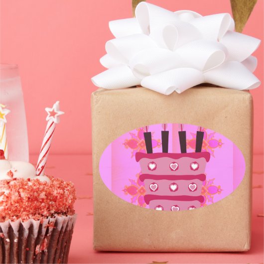 Bloemen verjaardagstaart voor haar / meisjes Art P Ovale Sticker (Feest)