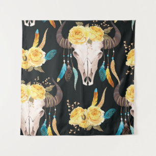 Bloemen Versierd Buffelschedel Naadloos Wandkleed