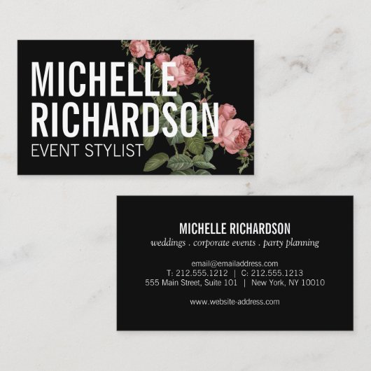  bloemen Vetgedrukte tekst op zwart Visitekaartje (Voorkant / Achterkant)
