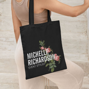 Bloemen Vette Tekst op Zwart Gepersonaliseerd Tote Bag