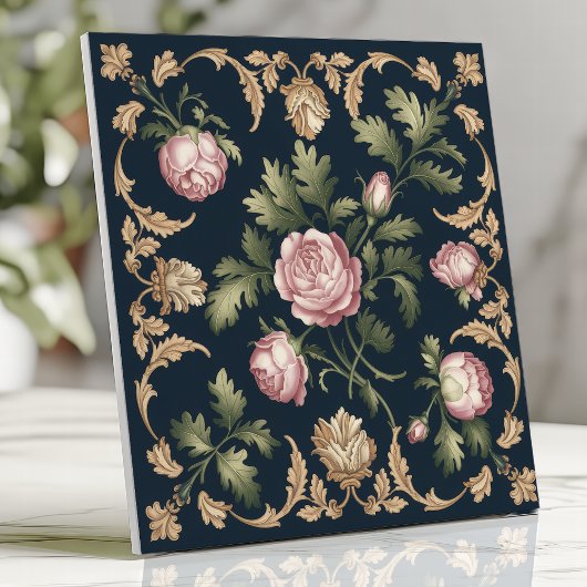  Bloemen Victoriaans Damask Roze Rozen Navy Tegeltje