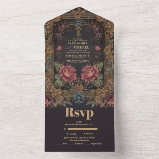 Bloemen Victoriaans Gotische bruiloft All In One Uitnodiging (Binnen)