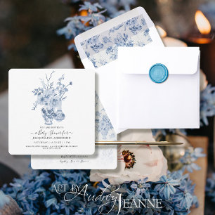  Bloemen Vierkant Blauw Wit Baby Meisje Douche Kaart