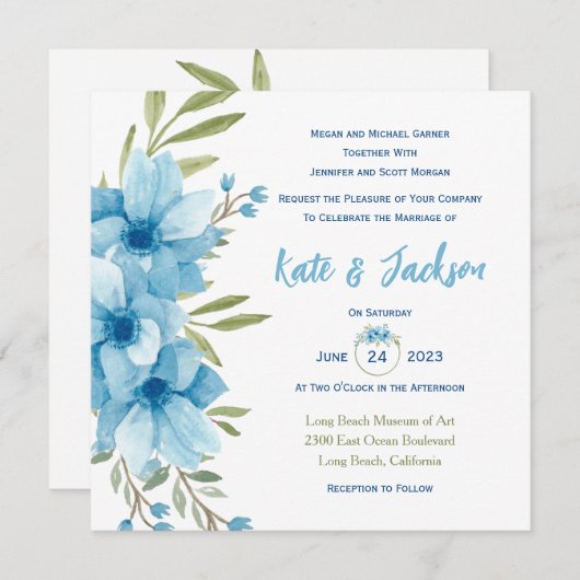 Bloemen Vierkant Uitnodiging in Blauwe Aquarel (Voorkant / Achterkant)
