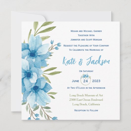 Bloemen Vierkantige Uitnodiging in Blauwe Waterver (Voorkant)