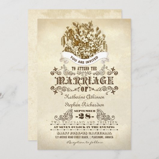 Bloemen Vintage bruiloft uitnodigingen (Voorkant / Achterkant)
