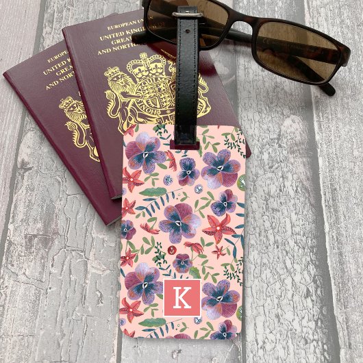 Bloemen Viooltjes bloemendrukt monogram Lug Bagagelabel