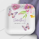 Bloemen vlinder Baby shower beschikbaar Papieren Bordje<br><div class="desc">Vier de komende komst met onze Paarse Butterfly Baby shower Theme papieren borden, onderdeel van het betoverende Butterflies en Lullabies collectie. Elk bord is prachtig versierd met een rand van waterverf bloemen en vlinders, waardoor de feestelijke sfeer wordt versterkt. Personaliseer ze met de naam van de toekomstige moeder in levendige...</div>