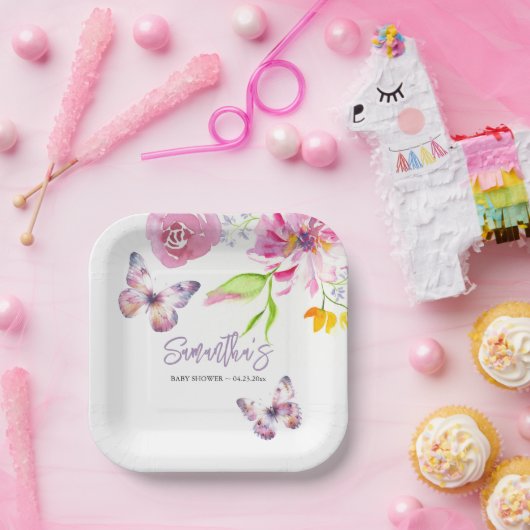 Bloemen vlinder Baby shower beschikbaar Papieren Bordje (Feest)