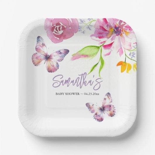Bloemen vlinder Baby shower beschikbaar Papieren Bordje (Voorkant)