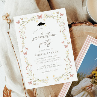 Bloemen Vlinder Blush Pink Foto Afstuderen Kaart