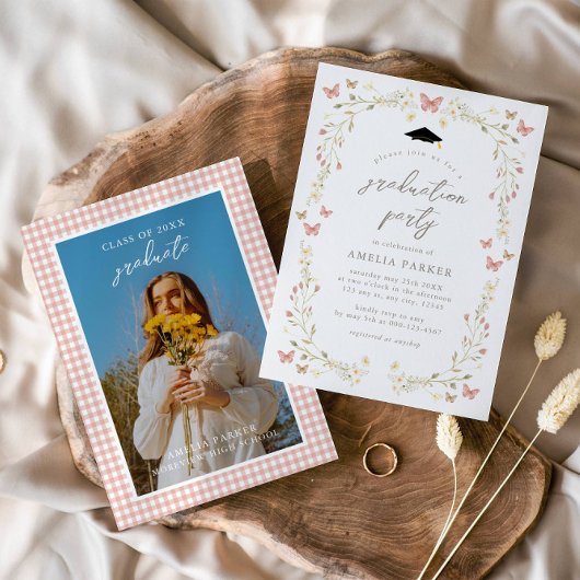 Bloemen Vlinder Blush Pink Foto Afstuderen Kaart