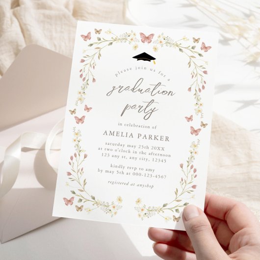 Bloemen Vlinder Blush Pink Foto Afstuderen Kaart