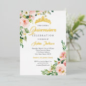 Bloemen Vlinder Blush Roze Goud Quinceanera Folie Uitnodiging (Staand Voorkant)