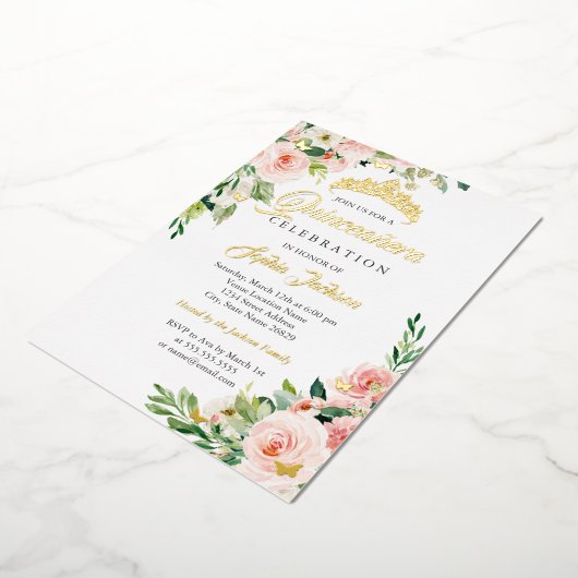 Bloemen Vlinder Blush Roze Goud Quinceanera Folie Uitnodiging (Gedraaid)