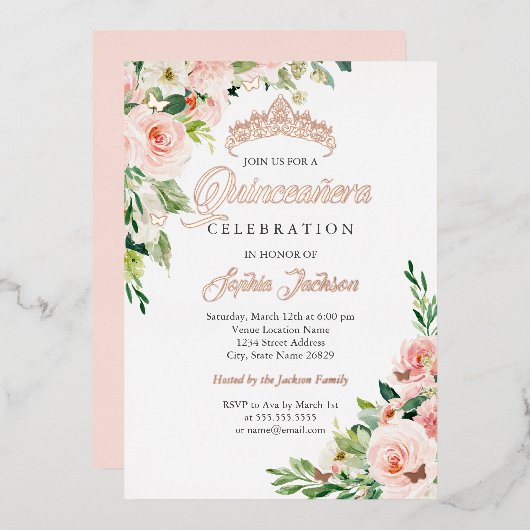 Bloemen Vlinder Blush Roze Rose Goud Quinceanera Folie Uitnodiging (Voorkant / Achterkant)