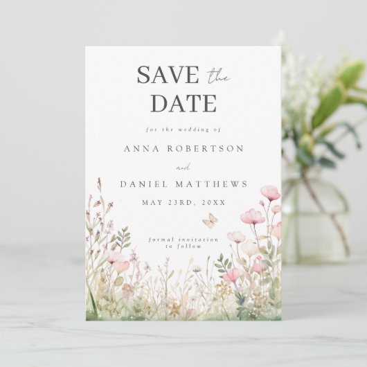 Bloemen vlinder bruiloft save the date (Staand voorkant)