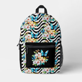 Bloemen vlinder patroon zwart wit golvende strepen bedrukte rugzak