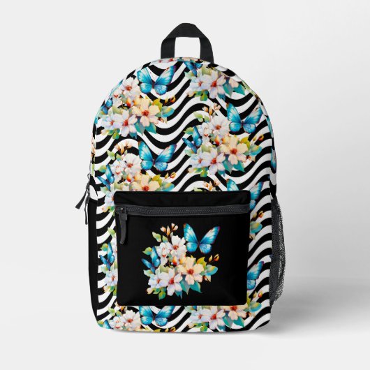 Bloemen vlinder patroon zwart wit golvende strepen bedrukte rugzak (Voorkant)