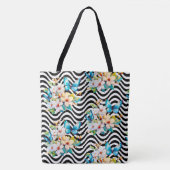 Bloemen vlinder patroon zwart wit golvende strepen tote bag (Voorkant)