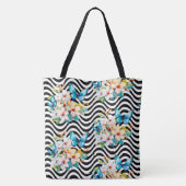 Bloemen vlinder patroon zwart wit golvende strepen tote bag (Achterkant)
