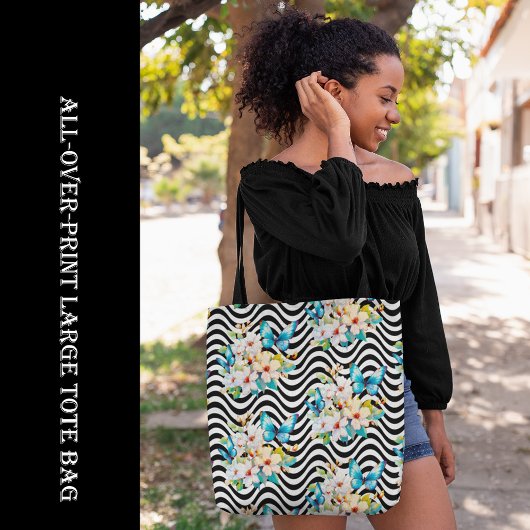 Bloemen vlinder patroon zwart wit golvende strepen tote bag
