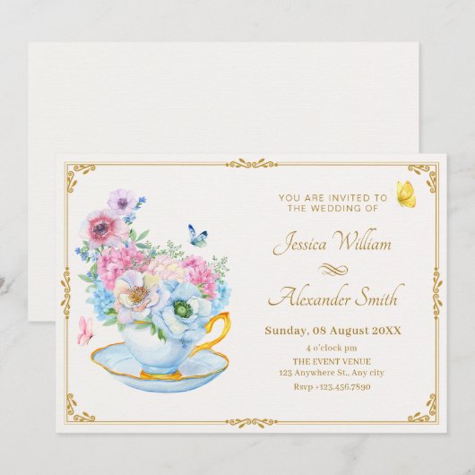 Bloemen vlinder thee cup bruiloft kaart (Voorkant / Achterkant)