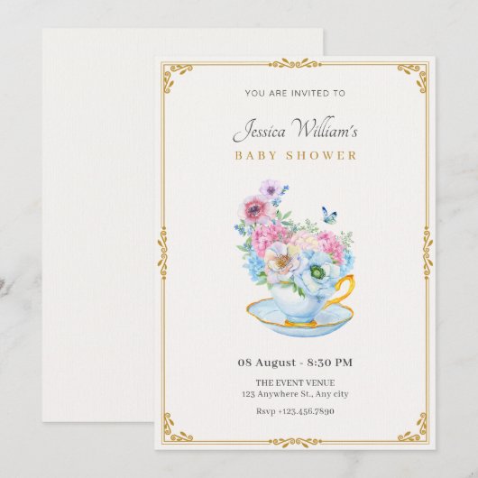 Bloemen vlinder theekop baby shower kaart (Voorkant / Achterkant)