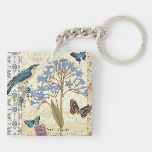 Bloemen, vlinders en collage van vogels sleutelhanger (Achterkant)