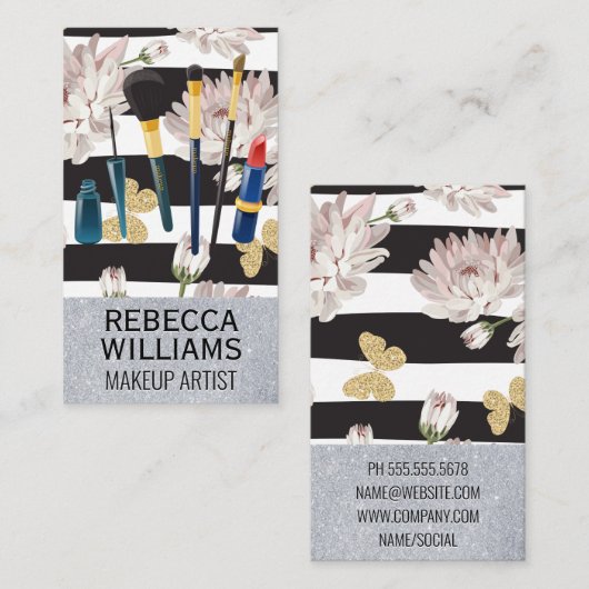 Bloemen Vlinders en Strepen | Make-upset Visitekaartje (Voorkant / Achterkant)