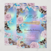 Bloemen Vlinders Holografische Verjaardag Kaart (Voorkant / Achterkant)