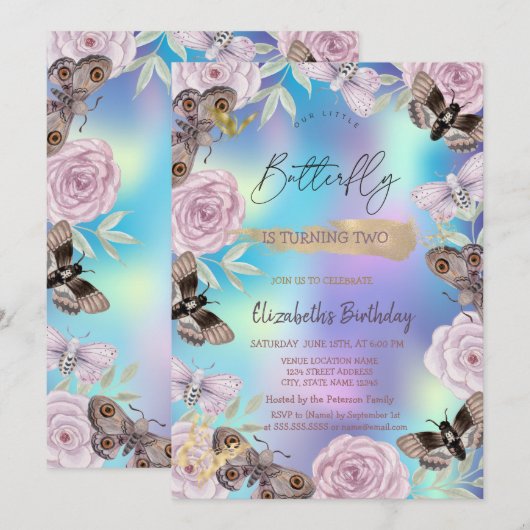 Bloemen Vlinders Holografische Verjaardag Kaart (Voorkant / Achterkant)