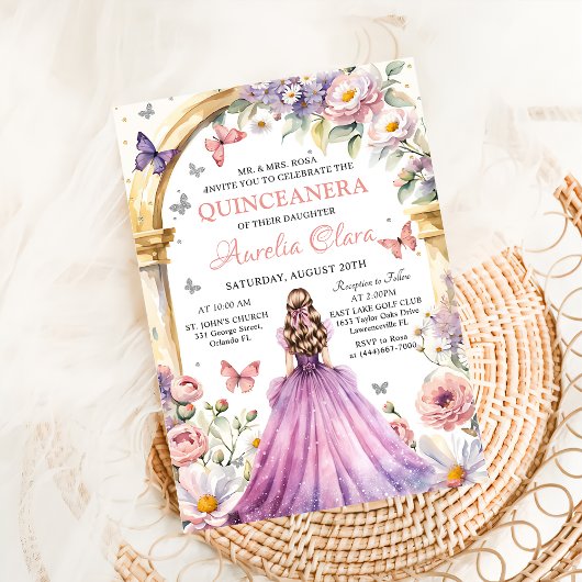 Bloemen Vlinders Lila Prinses Quinceañera Kaart