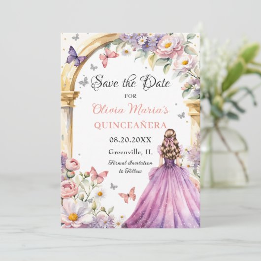 Bloemen Vlinders Lila Prinses Quinceañera Save The Date (Staand voorkant)