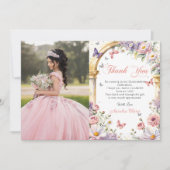 Bloemen Vlinders Lila Quinceañera Foto Bedankkaart (Voorkant)