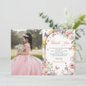 Bloemen Vlinders Lila Quinceañera Foto Bedankkaart (Staand voorkant)