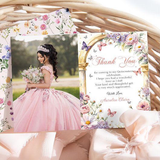Bloemen Vlinders Lila Quinceañera Foto Bedankkaart