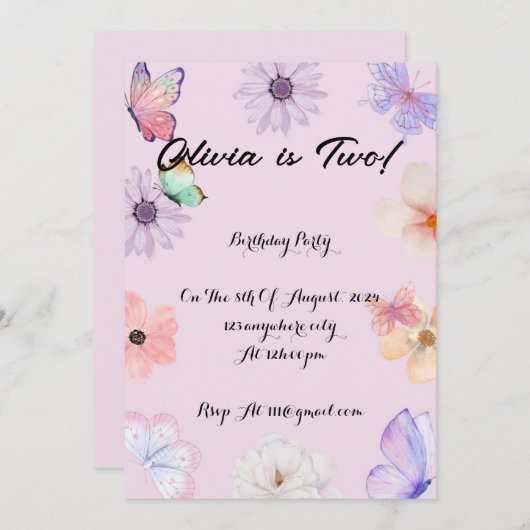Bloemen vlinders meisje verjaardag uitnodiging (Voorkant / Achterkant)