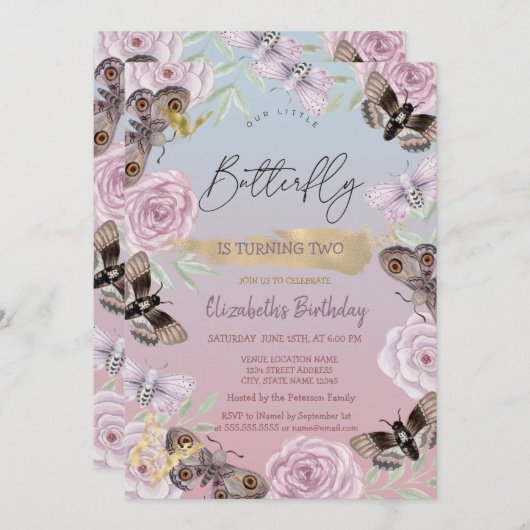 Bloemen Vlinders Ombre Verjaardag Kaart (Voorkant / Achterkant)