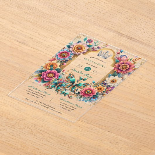 Bloemen Vlinders QUINCEANERA Tiara Gold Silver Acryl Uitnodigingen (Laagn)