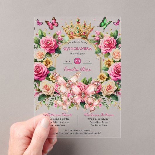 Bloemen Vlinders QUINCEANERA Tiara Rozen Acryl Uitnodigingen (Insitu (Draagbaar))