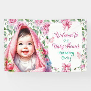 Bloemen & Vlinders Roze Baby shower Welkom Spandoek