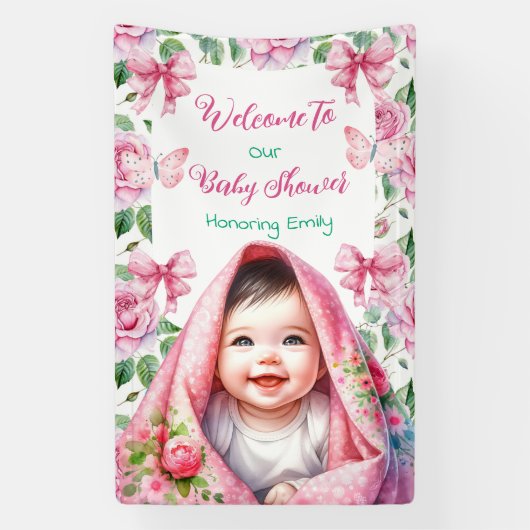 Bloemen & Vlinders Roze Baby shower Welkom Spandoek (Verticaal)