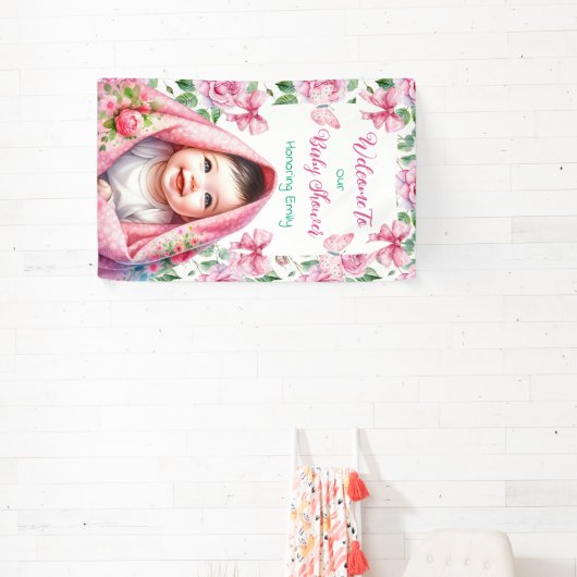 Bloemen & Vlinders Roze Baby shower Welkom Spandoek (Insitu)