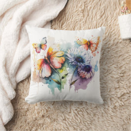 Bloemen Vlinders Waterverf Geel Blauw Paars Kussen