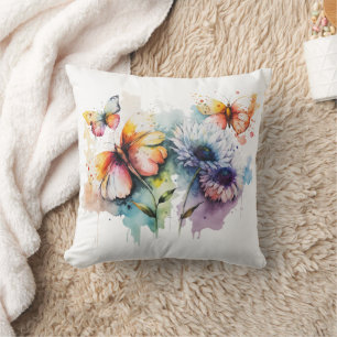 Bloemen Vlinders Waterverf Geel Blauw Paars  Kussen