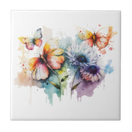 Bloemen Vlinders Waterverf Paars Geel Blauw  Tegeltje