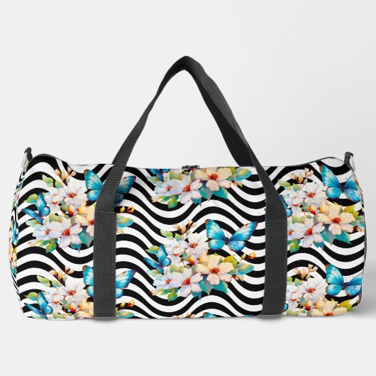 Bloemen Vlinders Zwart & Wit Wavy Stripes Plunjezak (Voorkant)